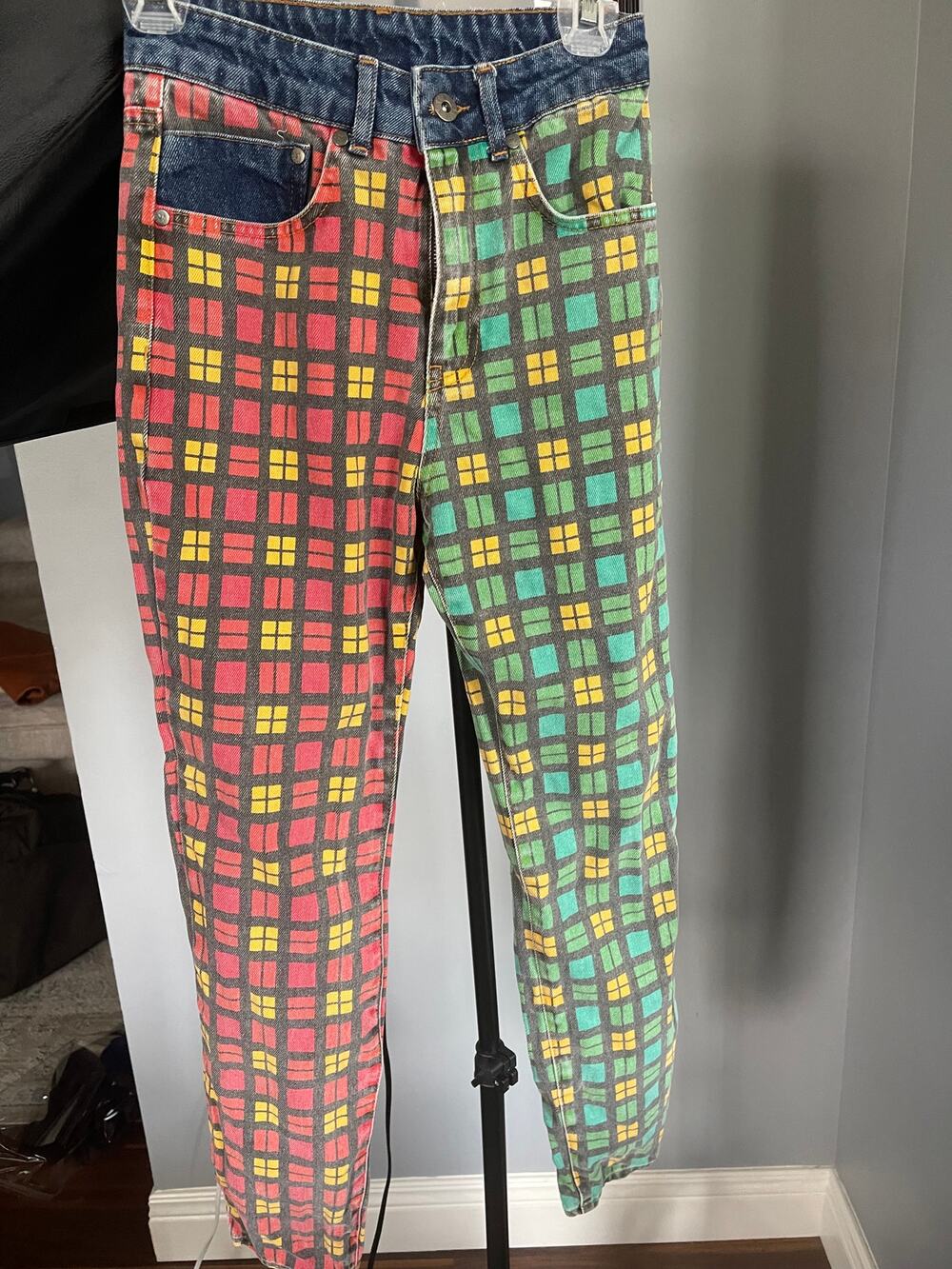 The Ragged Priest Mix Check Mom Jeans in Red & Green